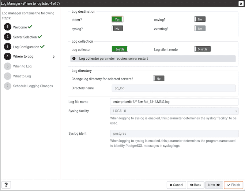 Log Manager Wizard - Where to Log page